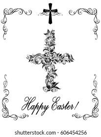 Easter greeting with vintage floral cross (black and white)