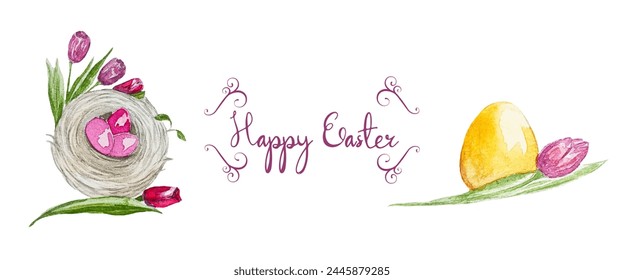 Easter greeting watercolor card. Watercolor Easter vector illustration. Spring composition in pastel colors. Easter eggs, blossom