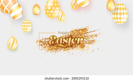 Easter greetings banner. Hanging Easter eggs with patterns. Vector 3d illustration.