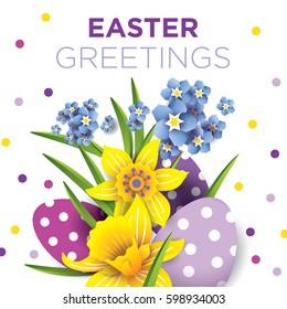 Easter Greetings banner. Vector illustration of a bouquet of flowers. Daffodils and Easter Egg on a white background. Template for the design of promotions, greeting cards, congratulations