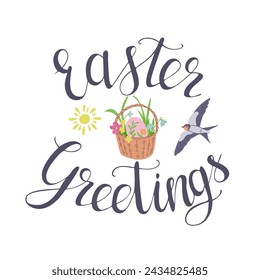 Easter greetings calligraphic illustration with doodles. Slogan Easter Greetings with sketchy bird and related items to Easter. Modern vector calligraphy isolated on white background