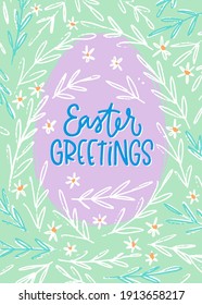 Easter greetings card with abstract egg frame in lilac and mint green spring colours.  5x7 Pascha vintage style greeting card with lettering saying and floral vector background.