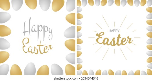 Easter greetings card. Gold - silver typographic calligraphic lettering isolated on white background with gold and silver realistic eggs.  Easter congratulations badge. Religious holiday sign. Vector 