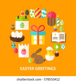 Easter Greetings Card. Poster Design Vector Illustration. Collection of Spring Holiday Objects.