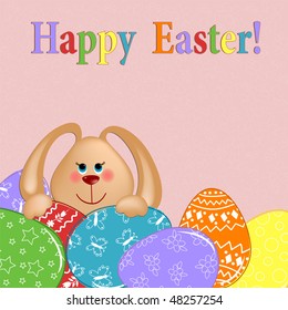 Easter greetings card with rabbit and painted eggs (EPS10)