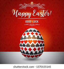 Easter greetings card with red and black gambling symbols over white egg, vector illustration.Suitable for invitations, greeting cards, flyers, banners.