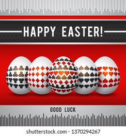 Easter greetings card with red and black gambling symbols over white eggs, vector illustration.Suitable for invitations, greeting cards, flyers, banners.