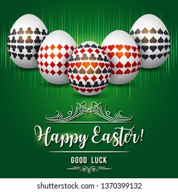 Easter greetings card with red and black gambling symbols over white eggs, vector illustration.Suitable for invitations, greeting cards, flyers, banners.