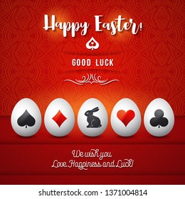 Easter greetings card with red and black gambling symbols over white eggs, vector illustration.Suitable for invitations, greeting cards, flyers, banners.