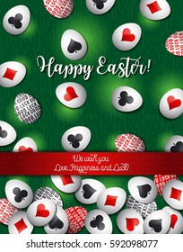 Easter greetings card with red and black symbols over many white eggs, vector illustration.  Decorative composition suitable for invitations, greeting cards, flyers, banners.