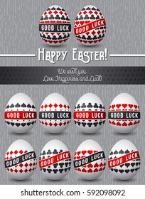 Easter greetings card with red and black symbols over many white eggs, vector illustration. Decorative composition suitable for invitations, greeting cards, flyers, banners.