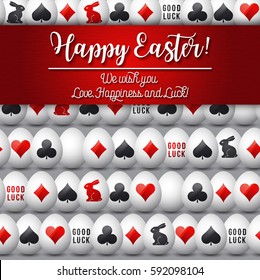 Easter greetings card with red and black symbols over many white eggs, vector illustration. Decorative composition suitable for invitations, greeting cards, flyers, banners.