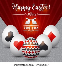 Easter greetings card with red and black symbols over white eggs, vector illustration. Decorative composition suitable for invitations, greeting cards, flyers, banners.