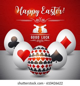 Easter greetings card with red and black symbols over white eggs, vector illustration. Decorative composition suitable for invitations, greeting cards, flyers, banners.