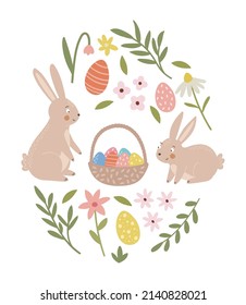 Tarjeta de saludos de Pascua con conejos y canasta de huevos. Ilustración de vector de conejo