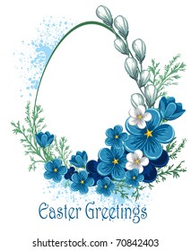 Easter greetings card with spring flowers. Vector image.