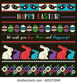 Easter greetings cards with color easter eggs, flowers and rabbits, vector illustration