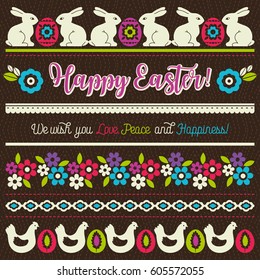 Easter greetings cards with color easter eggs, hen, flowers and rabbits, vector illustration