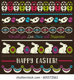 Easter greetings cards with color easter eggs, flowers and rabbits, vector illustration