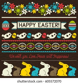 Easter greetings cards with color easter eggs, flowers and rabbits, vector illustration