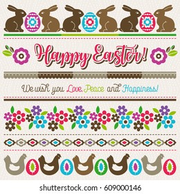 Easter greetings cards with color easter eggs, flowers and rabbits.
Ideal for printing onto fabric and paper or scrap booking, vector illustration
