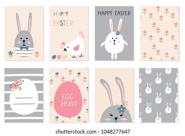 Easter greetings cards set with cute rabbits, abstract eggs and floral elements
