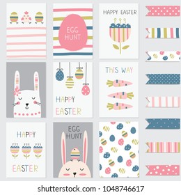 Easter greetings cards set with cute rabbits, eggs, flowers and abstract elements