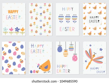 Easter greetings cards set with cute chicken, eggs, flowers, dragonfly