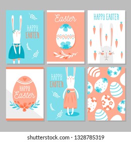 Easter greetings cards set with cute rabbits, eggs and floral elements. Pastel colors. - Vector