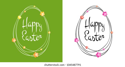 Easter greetings cards set. Egg frame with scribble lines. Calligraphic lettering with colorful paper flowers isolated on background. Retro holiday easter badge. Religious holiday sign. Vector