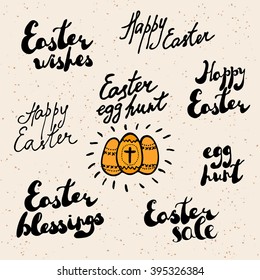 Easter greetings with decorated eggs. Handwritten texts