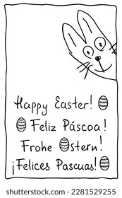 Easter greetings in different languages, written by hand in simple handwriting. Happy Easter in English and others in Portuguese, German, Spanish. Funny Easter Bunny looks out from around the corner.