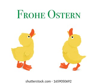 Easter greetings with ducklings pair looking up,
Text in German „Frohe Ostern" translated „Happy Easter"
Vector illustration isolated on white background
