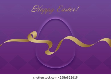 Easter Greetings. Elegant purple Easter design, golden ribbon, holy tradition, resurrection, faith, blessings, spiritual harmony, Christian beliefs, peace, sacred celebration, devotion.