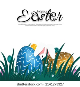 Easter greetings, funny rabbit peeks from behind the egg. Holiday background. Easter greeting card, promotion and shopping template