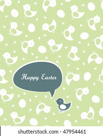 Easter greetings (green colors, spring gamma). Seamless chicks and eggs background.