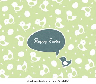 Easter greetings (green colors, spring gamma). Seamless chicks and eggs background.