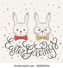 Easter Greetings illustration with cute rabbits, lettering