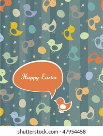 Saludos de Semana Santa (en colores retro). Pollitos sin foco y fondo de huevos.