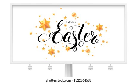 Easter greetings on billboard with calligraphic inscription decorated golden stars and balls isolated on white background. Stylish vector card with abstract pattern and hand drawing wishes