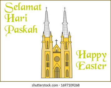 Easter greetings with a picture of a church, with the words "Selamat Hari Paskah" which means Happy Easter Day.