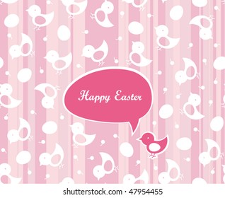 Easter greetings in pink color. Seamless chicks and eggs background.