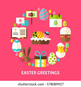 Easter Greetings Postcard. Poster Design Vector Illustration. Collection of Spring Holiday Objects.