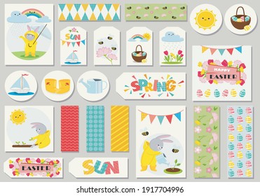 Easter greetings with spring flowers and calligraphy text. Hand drawn vector illustration.Perfect for poster, greeting card, scrapbooking, tag, invitation, sticker set. Hand drawn vector illustration.