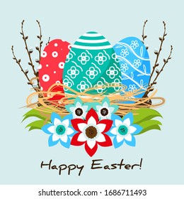 Easter greetings. Three painted eggs in a composition with willow branches and flowers. Vector illustration on a light background.