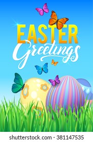 Easter Greetings Vector Greeting Card. Painted Eggs on the Green Grass, Blue Sky with Butterflies, Happy Spring. Happy Easter Holiday