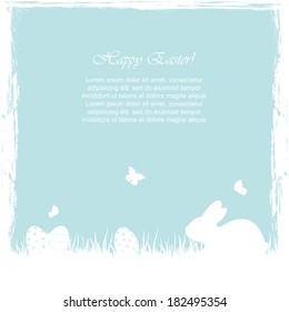 Easter grunge background with little rabbit and eggs in a grass, illustration.