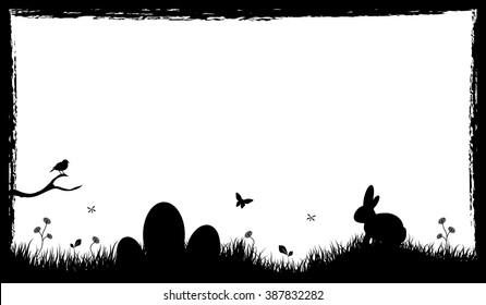 Easter grunge background with little rabbit and eggs black in grass illustration.