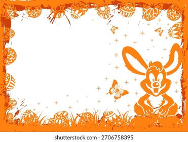 Easter Grunge Frame with Eggs, Rabbit and Grass, vector illustration