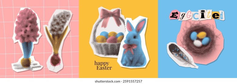 Easter halftone collage graphic design cards templates set with eggs in nest, spring flowers and bunny. Holiday vintage layout. Spring background. Vector design